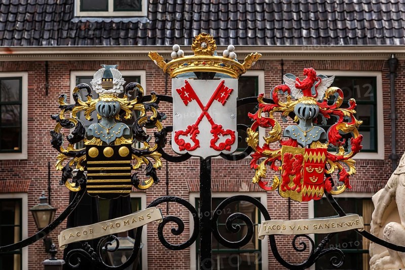 Leiden, Netherlands, April 7, 2016: Coat of arms with red keys at the entrance gate of Castle