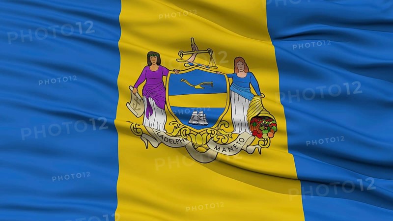Closeup of Philadelphia City Flag, Waving in the Wind, Pennsylvania State, United States of America