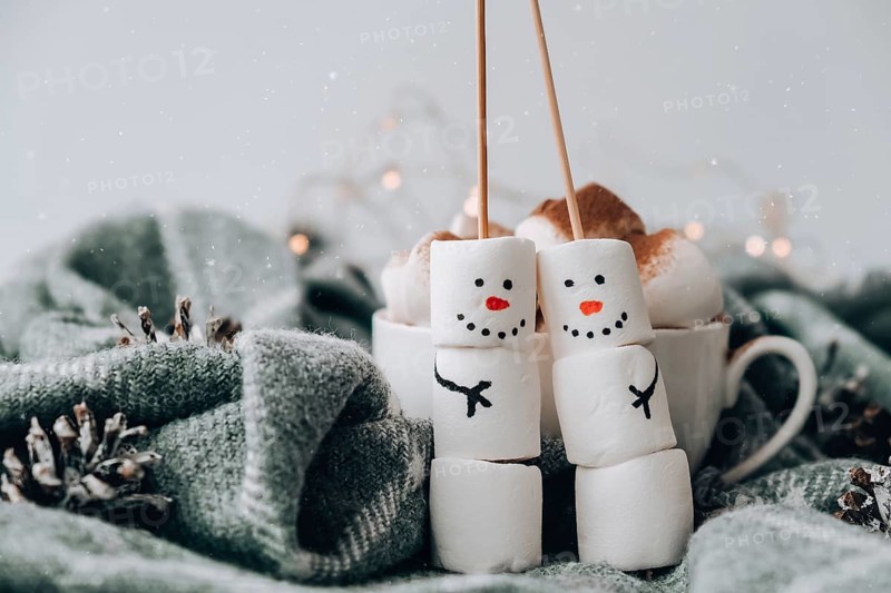 Two happy funny marshmallow snowmen. Marshmallow friends. Diy. Sweet treat for kids funny marshmallow snowman. Christmas winter holiday decoration. New year greeting card. Christmas lights. Cup of cacao
