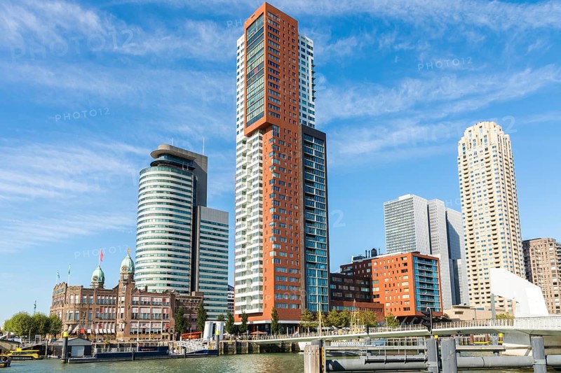 Rotterdam, Netherlands, September 2019: View on the Wilhelminapier with skyscrapers, Landverhuizersplein, Montevideo tower, Rijnhavenbrug and famous hotel New York