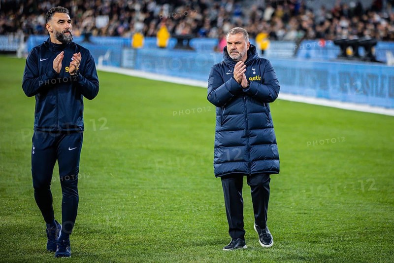 MELBOURNE, AUSTRALIA, MAY 22: Mile Jedinak and Ange Postecoglou of Tottenham Hotspur after losing to Newcastle United during the Global Football Week at The Melbourne Cricket Ground on May 22, 2024 in Melbourne, Australia, Oceania