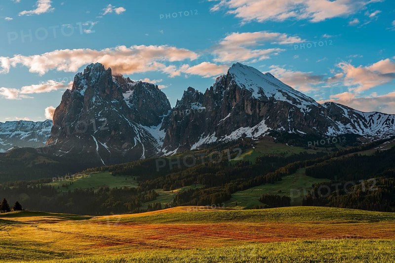 Panoramic view of the Langkofel Group from Seiser Alm in the Dolomites in South Tyrol, Italy, Europe