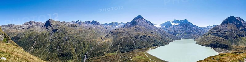Panorama from the Bielerkopf to the Silvretta reservoir, Hohes Rad, Ochsental glacier and Piz Buin