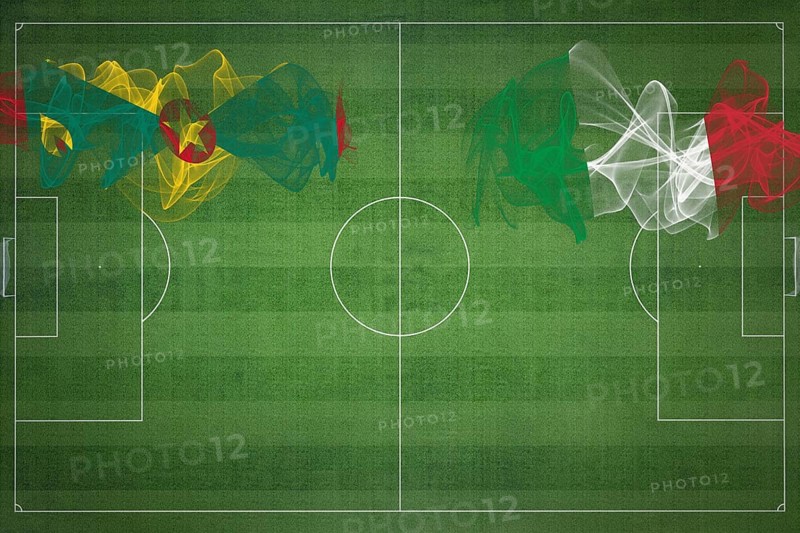 Grenada vs Italy Soccer Match, national colors, national flags, soccer field, football game, Competition concept, Copy space