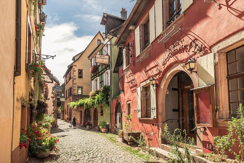 Alley with historic houses in the old town centre of Riquewihr, Alsace, France, Europe