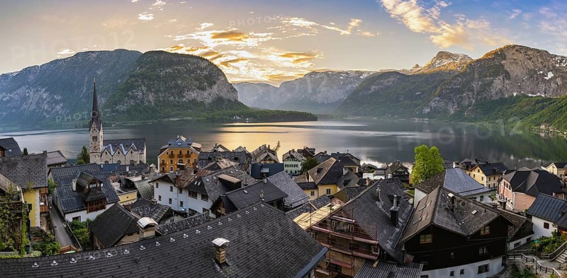 Hallstatt Austria, sunrise panorama nature landscape of Hallstatt village with lake and mountain