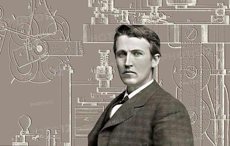 Thomas Alva Edison, 1847, 1931, American inventor, Telegraph Apparatus, Patented 1872, digitally edited according to a photography by Mathew Brady, 1878