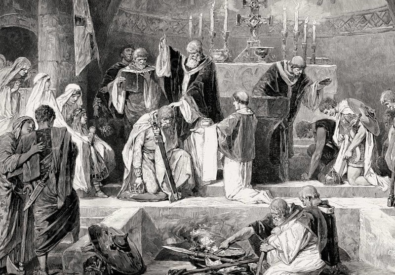 Saint Remigius baptizes Clovis I, King of the Franks, Abbey of Saint-Remi in Reims, on 25 December 496