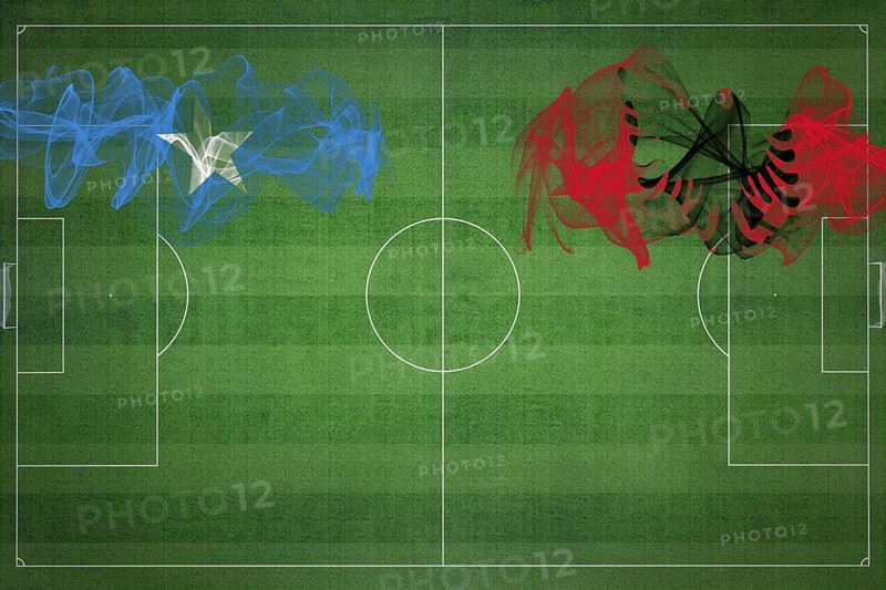 Somalia vs Albania Soccer Match, national colors, national flags, soccer field, football game, Competition concept, Copy space