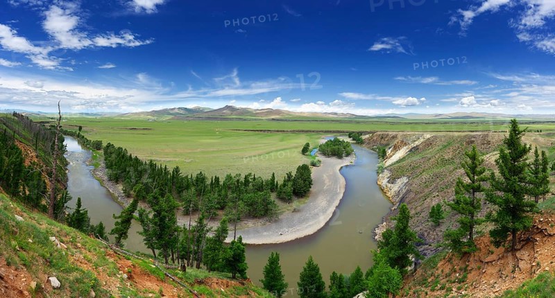 Panorama view of valley with Orkhon river bend, steppe and mountains landscape in Mongolia