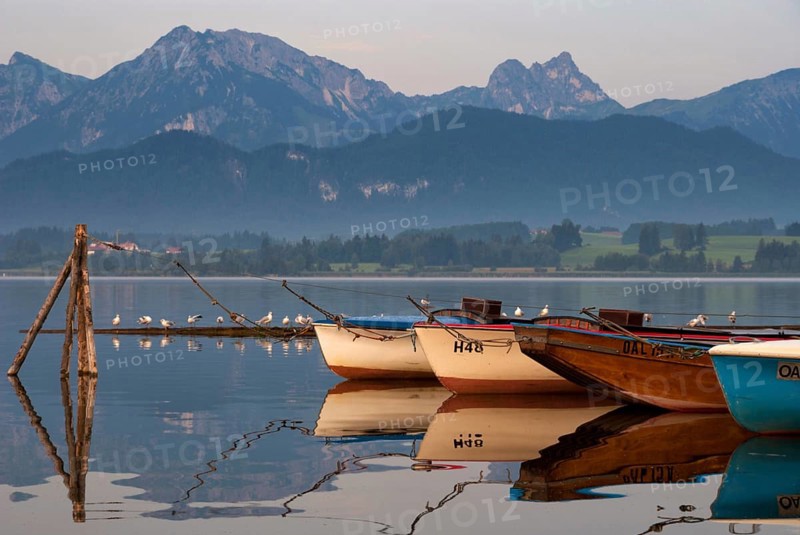 Boats in lake Hopfensee near Hopfen am See in the German state Bavaria