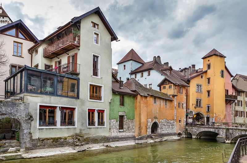 Historic houses along the Thiou river in Annecy old town, France, Europe