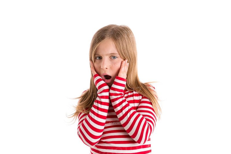 Blond kid girl sad surprised gesture expression gesture hands in face on white