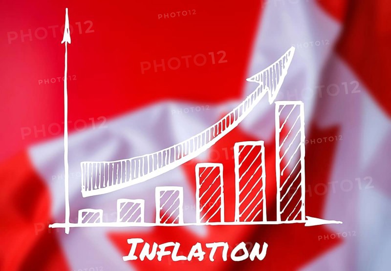 The National Flag of Canada. Canadian Flag with the Maple Leaf defocused message text INFLATION with graph. global hunger, food crisis, high prices, increasing living expenses and poverty, financial crisis, food supply issue concept illustrating food shortage caused by corona virus outbreak, covid-19 pandemic, war, climate changes