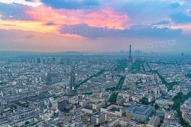 Paris France, high angle view sunset city skyline at Eiffel Tower view from Arc de Triomphe