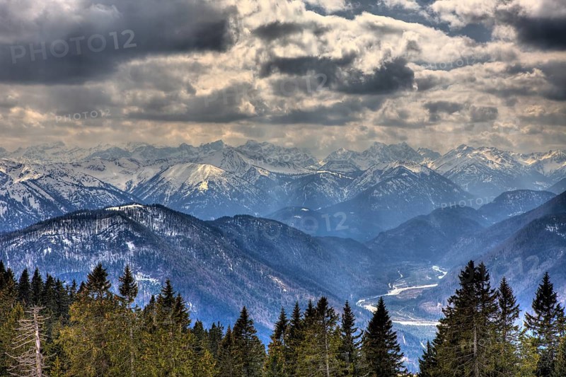 View from Seekarkreuz to Karwendel mountains, Germany, BRD, Mangfall mountains, Bavaria, Europe
