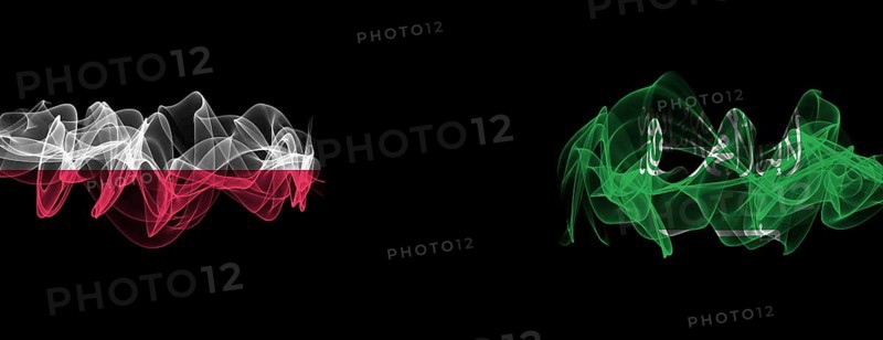 Flags of Poland and Saudi Arabia on Black background, Poland vs Saudi Arabia Smoke Flags