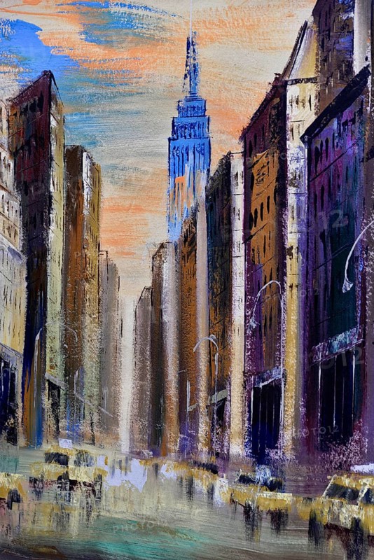 Manhattan, New York City, New York, USA, North America, Artist's impression of a street scene with tall buildings and the Empire State Building, North America