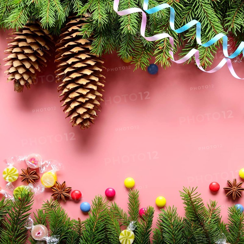 Flat lay design of Christmas greeting card of fir twigs cones, paper streamer, candies and spices on pink background. Space for text