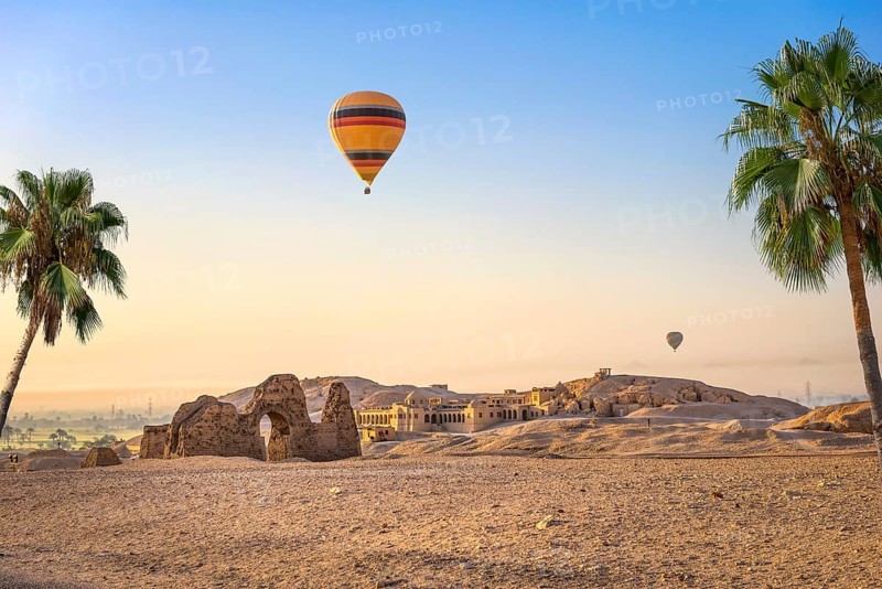 Hot air balloon over ruins of Hatshepsut temple in Luxor, Egypt, Africa