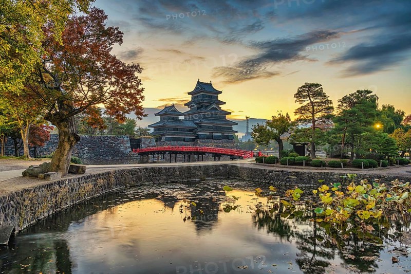 Matsumoto Nagano Japan, sunrise city skyline at Matsumoto Castle with autumn foliage season