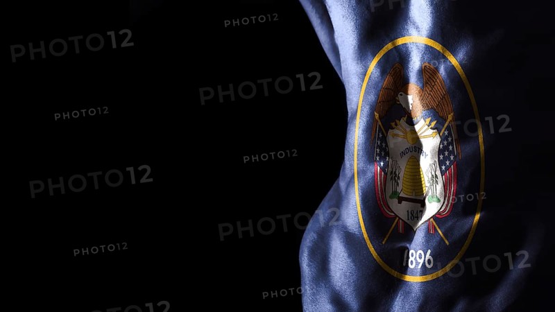 Utah flag on abs muscles, Utah bodybuilding concept, black background
