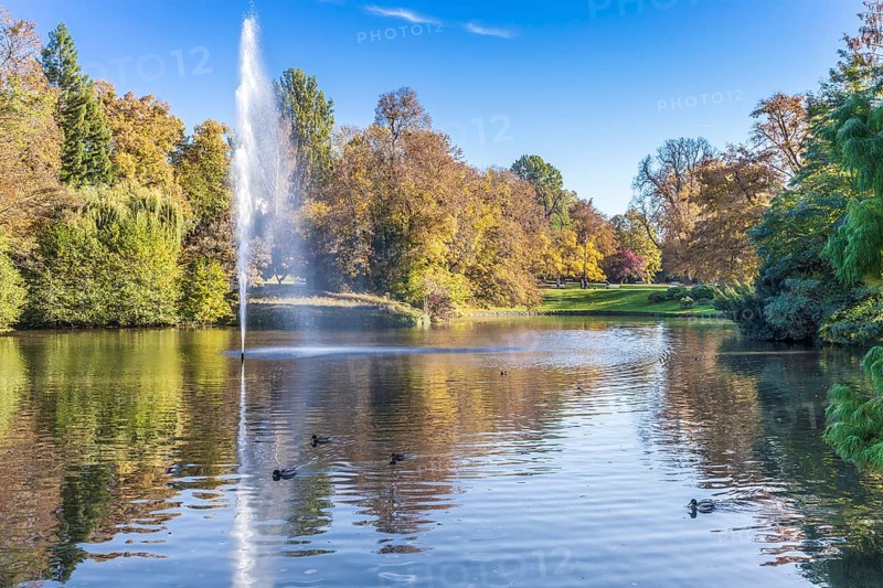 Spa garden pond with autumn trees and fountain in Wiesbaden spa garden