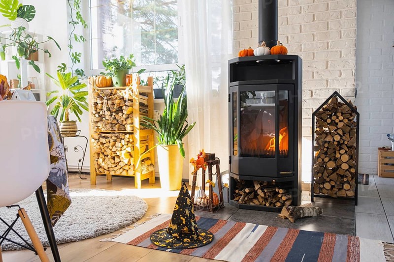 Bright sunny interior of the house with Black Metal Steel fireplace stove with fire and firewood with halloween decor and autumn mood. Cozy home hearth in interior with indoor potted plant