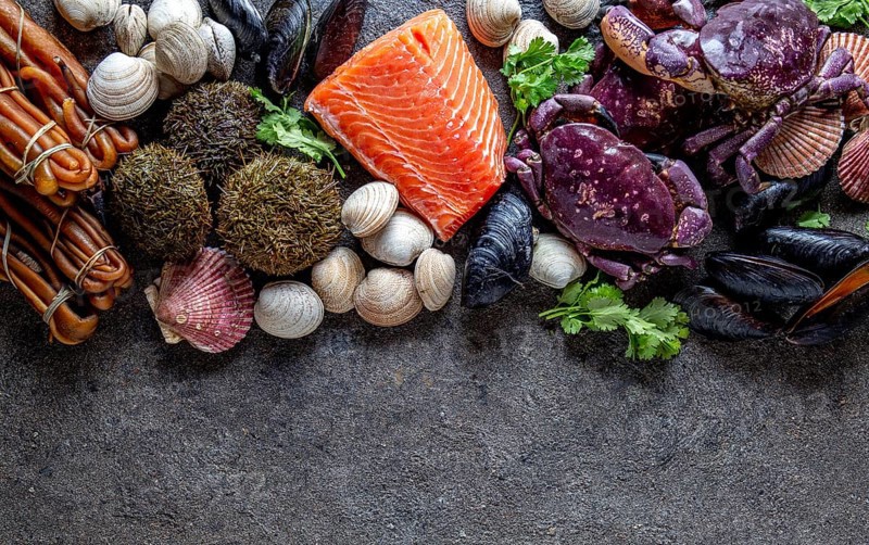 Food, Food, PACIFIC SEAFOOD. Fresh salmon, crabs ostions clams mussels, seaweed cochayuyo, sea urchins. Food background with copy space