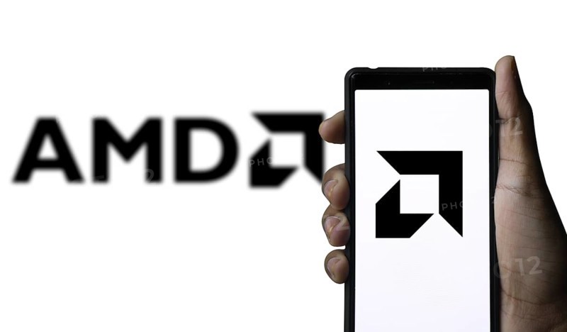 AMD logo displayed on smartphone screen. Advanced Micro Devices, Inc. is an American multinational corporation and semiconductor company.