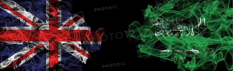 Flags of Union Jack and Saudi Arabia on Black background, Union Jack vs Saudi Arabia Smoke Flags