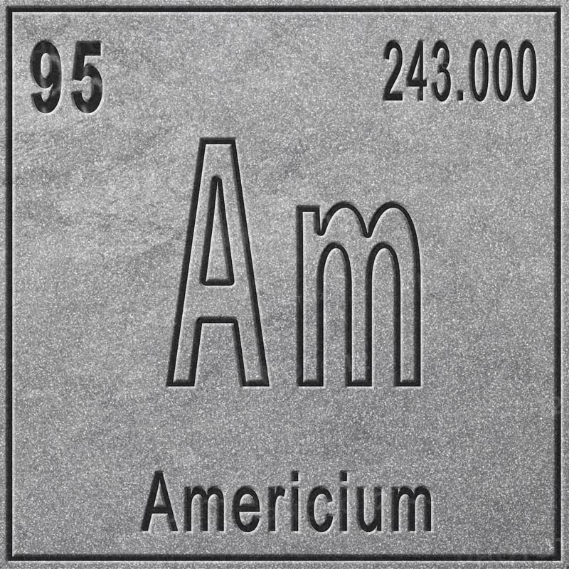 Americium chemical element, Sign with atomic number and atomic weight, Periodic Table Element, silver background