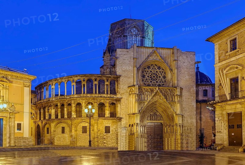 Valencia Cathedral or Basilica of the Assumption of Our Lady of Valencia, Spain. In evening