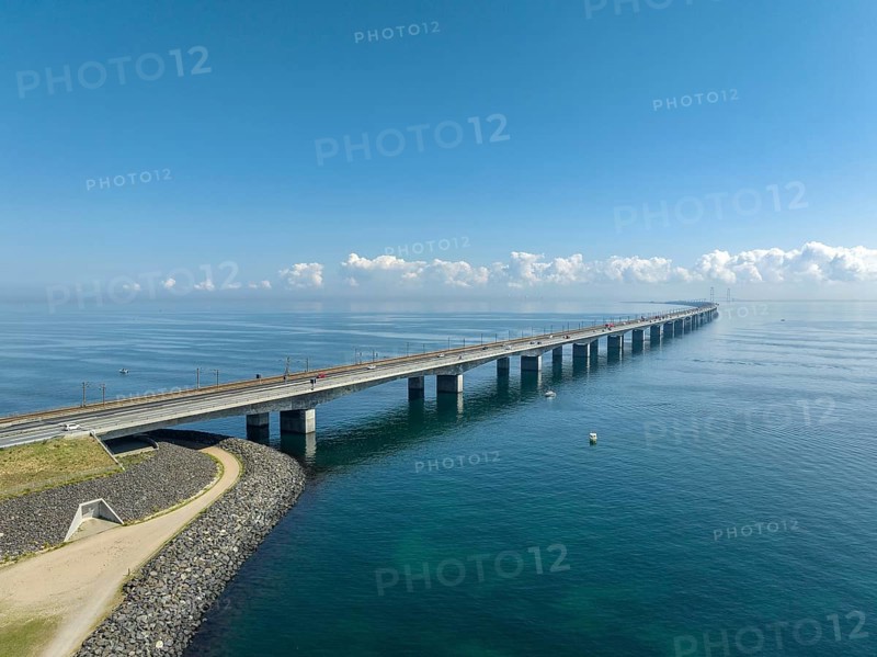 Aerial view of the Great Belt Bridge in Denmark. It connects the islands of Funen and Sealand across the Great Belt