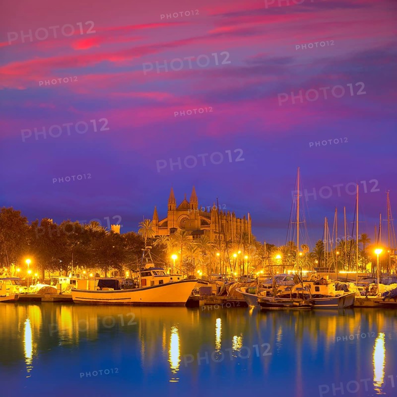 Palma de Mallorca sunrise with Cathedral and port in Majorca Balearic islands of spain