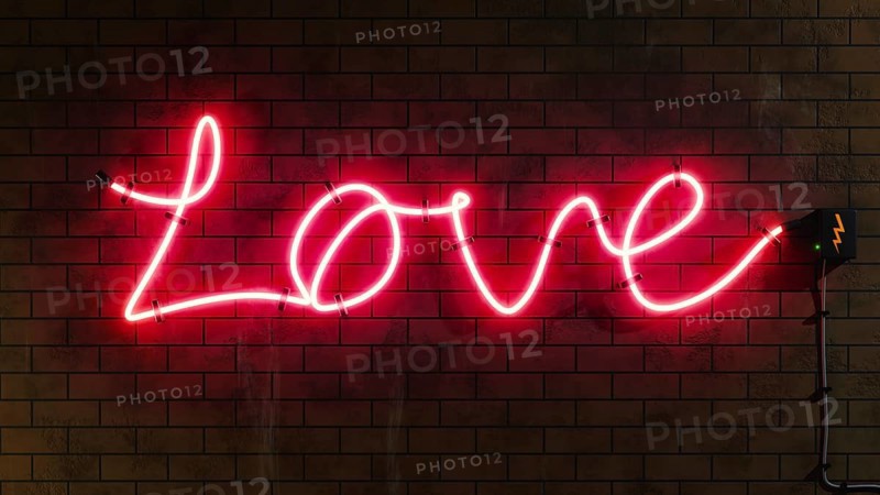Love sign neon letters at a brick wall 3D illustration