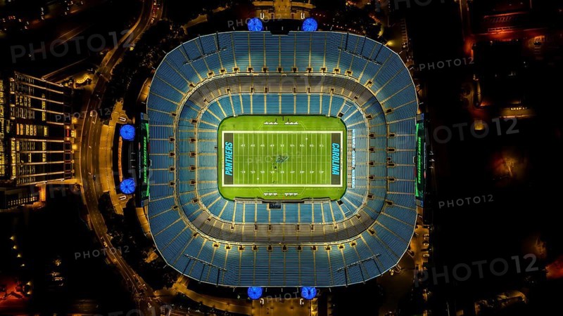 Night aerial view of the Bank of America Stadium, home of the National Football League Carolina Panthers and MLS Charlotte FC football club