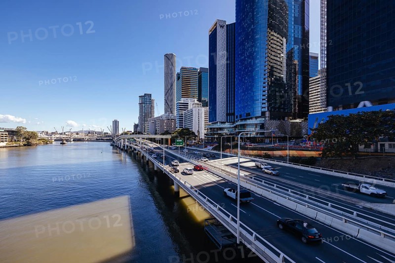 BRISBANE, AUSTRALIA, JULY 29 2023: Brisbane CBD skyline on a winter's morning from Victoria Bridge in Southbank in Queensland, Australia, Oceania
