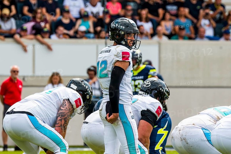 ELF/ Game : Munich Ravens at Stuttgart Surge on Aug. 13. 2023, in the Gazi Stadium, Stuttgart, Germany Munich Ravens- QB # 12 Chad Jeffries