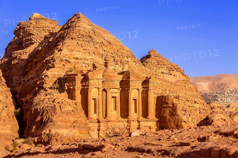 Ad Deir Monastery in the ancient city of Petra, Jordan sunset panoramic view, UNESCO World Heritage Site