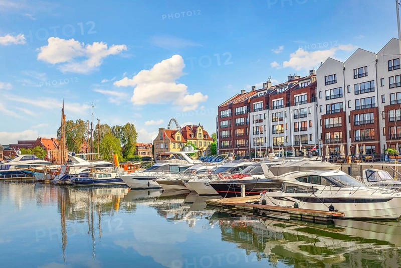 Moored yachts on river Motlawa in Gdansk, Poland, Europe