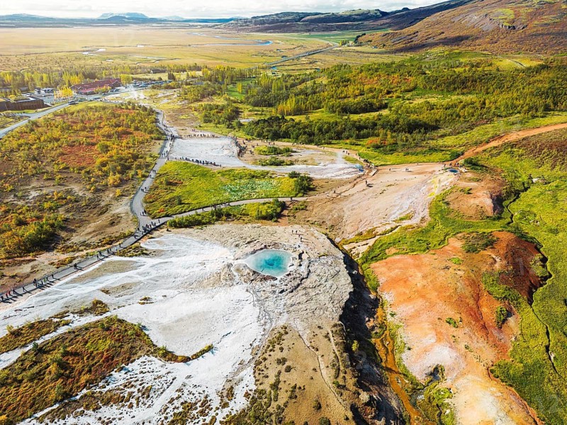 Aerial view of Strokkur geyser, Geyser Hot Springs, Great Geyser in Iceland