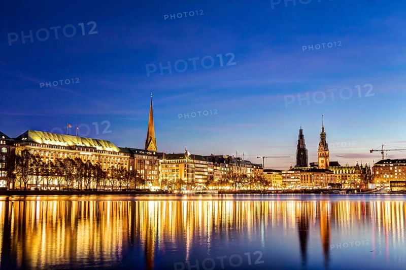 Hamburg Binnenalster and skyline during the twilight hour