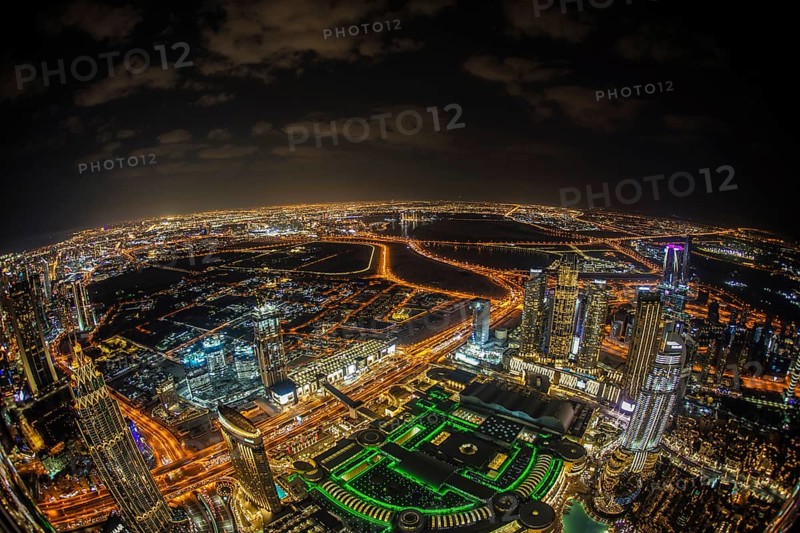 Dubai night view seen from the observation deck of Burj Khalifa. Shooting Location: Dubai