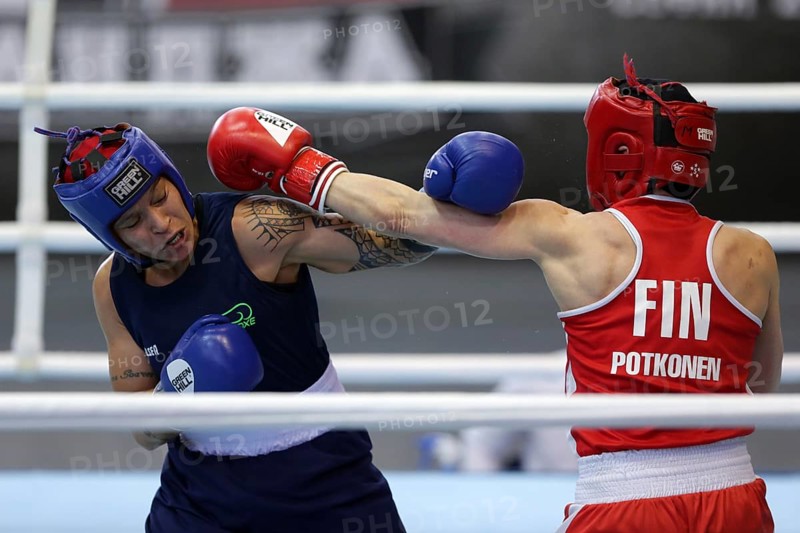 Sofia, Bulgaria. 27th February, 2021. Mira Potkonen (red) of Finland and Beatriz Ferreira of Brazil fight in their final round of Light Welter (W60kg) category of the 72-nd International Boxing Tournament Strandja 2021, Sofia, Bulgaria, Europe