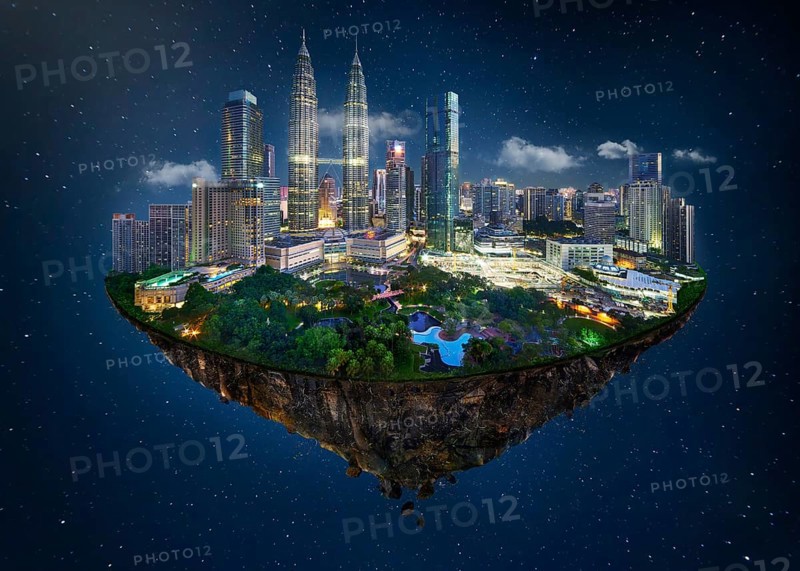 Fantasy island floating in the air with modern city skyline and lake garden, Night scene