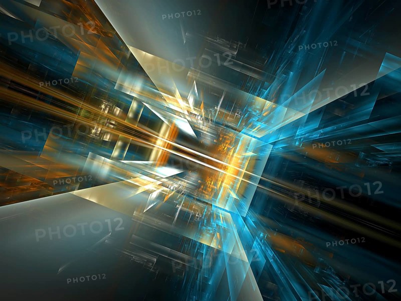 Abstract computer-generated 3d illustration. Entrance to virtual reality Science fiction, big data or future technology background. Glass walls of buildings in futuristic city