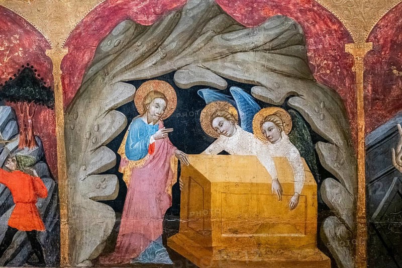 Tomb of moses, altarpiece of the saints archangels, Gabriel Moger, 1407, tempera on wood, Puig de Pollensa monastery of the virgin Mary, Majorca, Spain, Europe