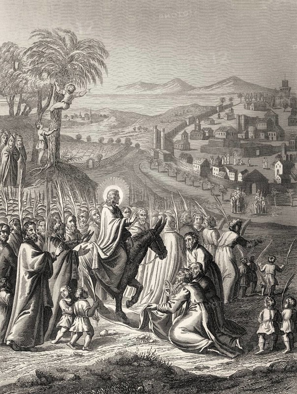 Jesus's triumphal entry into Jerusalem on Palm Sunday, New Testament, steel engraving 1853, digitally restored