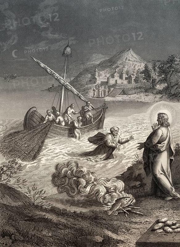 The miraculous catch of 153 fish, Resurrection of Jesus, New Testament, steel engraving 1853, digitally restored